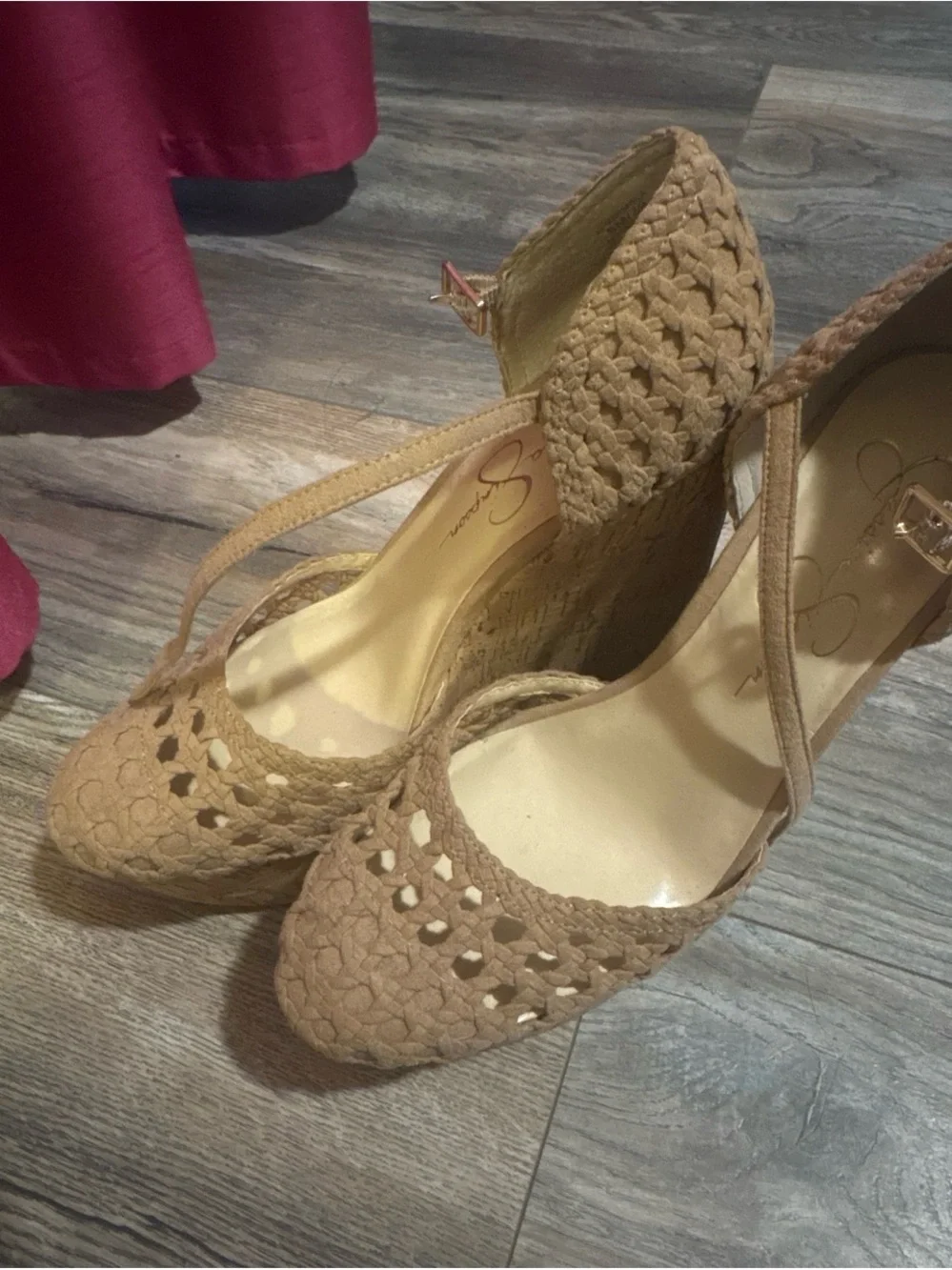 Jessica Simpson Tan Crochet Wedge Sandals with Cork Platform